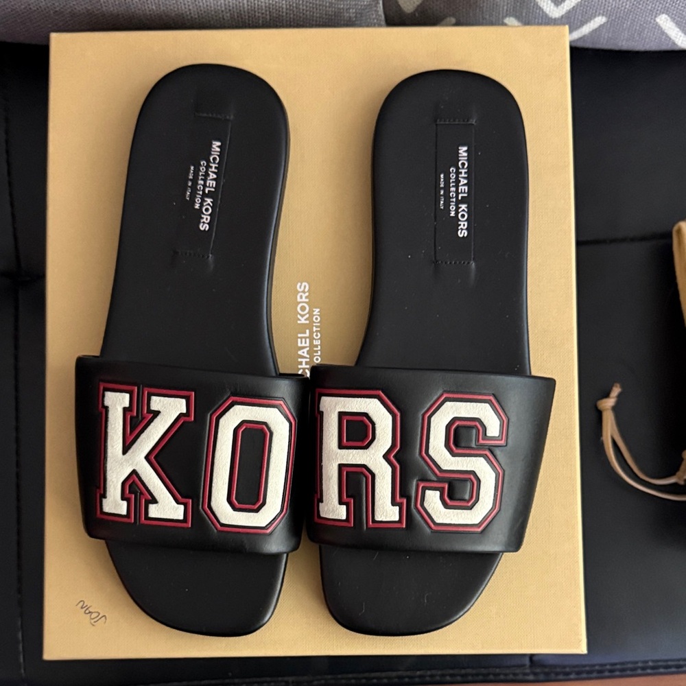 Michael Kors Black Slides with White and Red Varsity KORS Letters